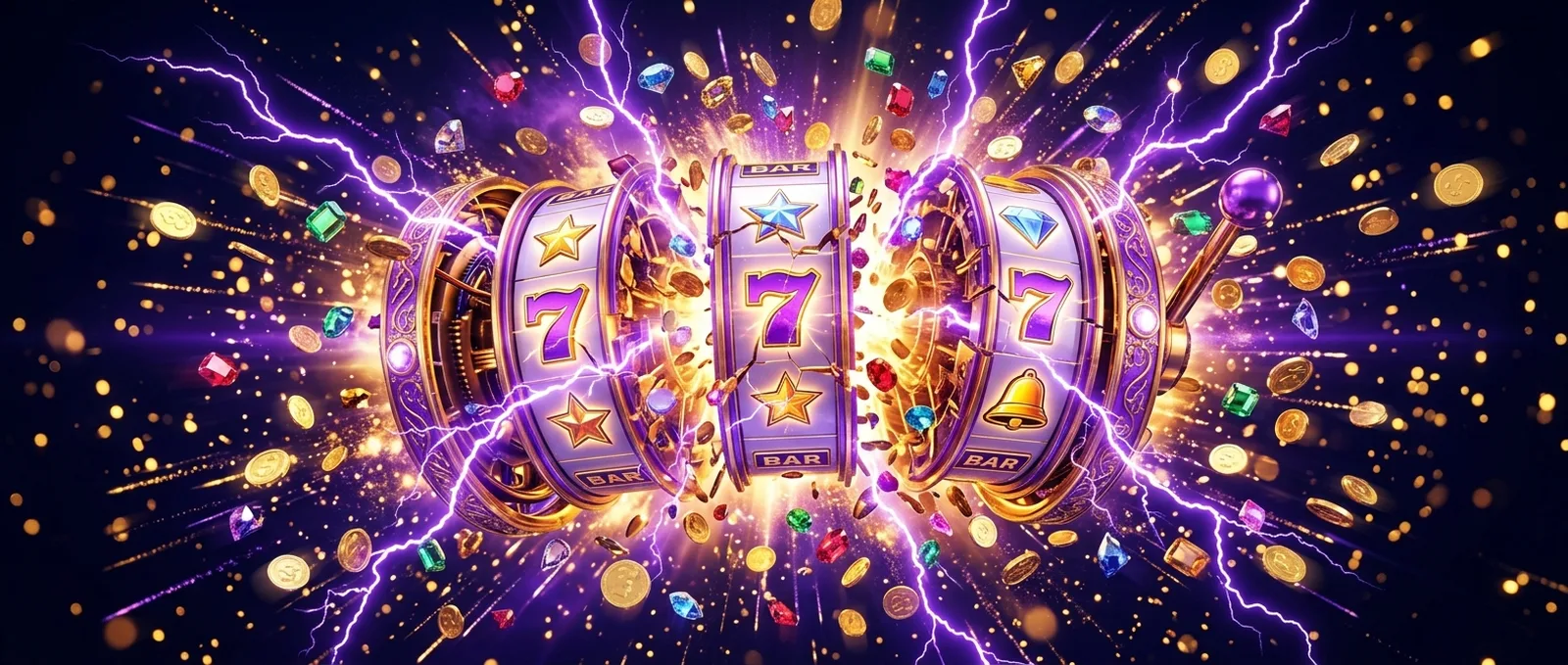 Mummys Gold casino slot reels exploding with gold coins, gems and violet lightning